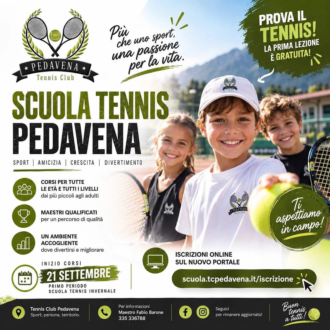 Locandina della scuola tennis invernale 2026: corsi per tutte le età, prima lezione gratuita, inizio il 21 settembre